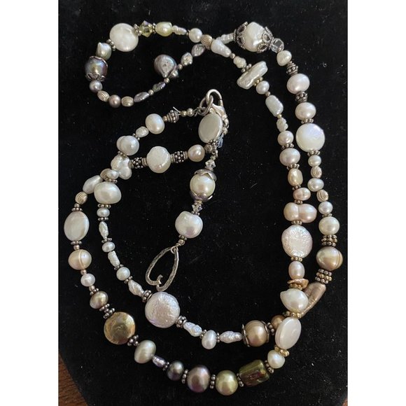 Genuine Baroque Coin Salt Water Pearls Crystals Necklace Sterling Silver - Picture 1 of 12